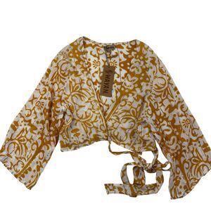 NEW Wayan Amarre Wrap Festival Top Women Large XL Gold Floral Wide Sleeves